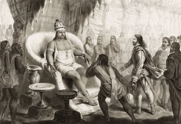 Vasco da Gama presenting a letter from the King of Portugal to the Samudrin von Calicut, Kozhikode, state of Kerala in India, 20 May 1498
