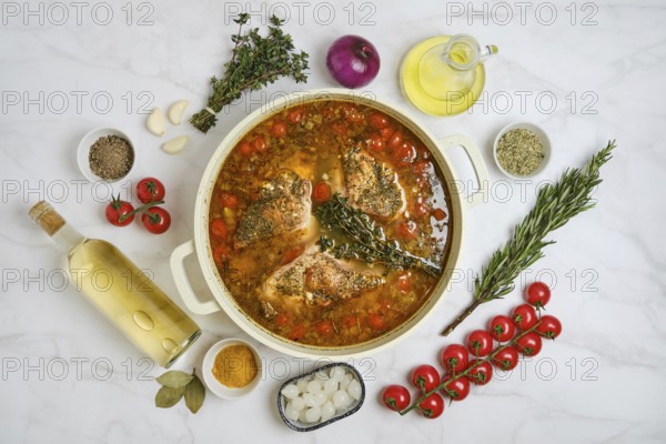A pot filled with stew made with rabbit hind leg, tomatoes, and herbs sits on a marble surface. Various ingredients like garlic, onion, wine, and spices surround the pot