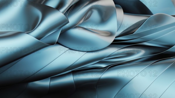 A digitally rendered image captures smooth, flowing waves of metallic blue fabric. The abstract design mimics the softness of silk, offering a sense of luxury and fluidity