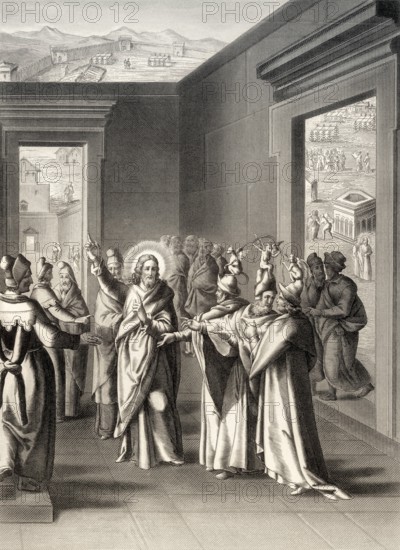Jesus' debate with the Pharisees after the Feast of Tabernacles, steel engraving 1853, digitally restored