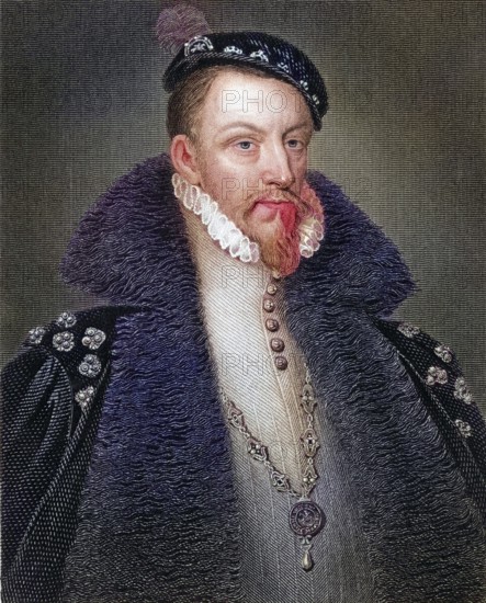 Thomas Radcliffe (also spelt Radclyffe), 3rd Earl of Sussex, c. 1525-1583, also known as Viscount Fitzwalter 1542-53 or Baron Fitzwalter 1553-57, English Lord Lieutenant of Ireland. From the book Lodges British Portraits, published in 1823, Historical, digitally restored reproduction from a 19th century original, Record date not stated