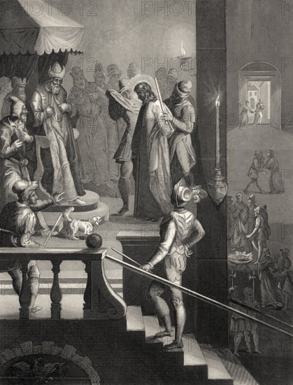 Jesus before Caiaphas, Peter's third denial, New Testament, steel engraving 1853, digitally restored