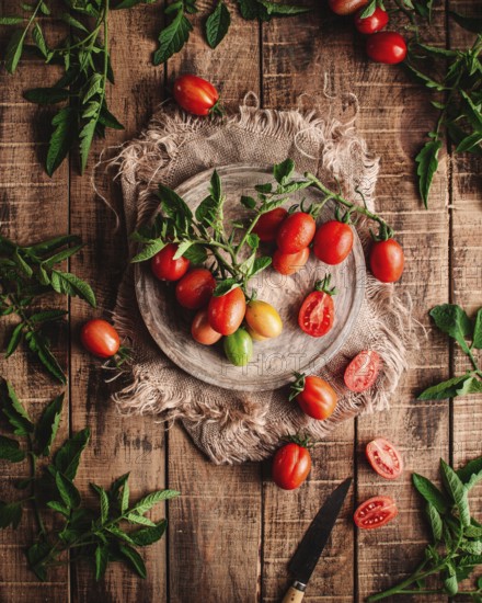 Fresh vine tomatoes are artistically arranged on a rustic wooden table, surrounded by green leaves, creating an inviting, natural ambiance perfect for food-related themes