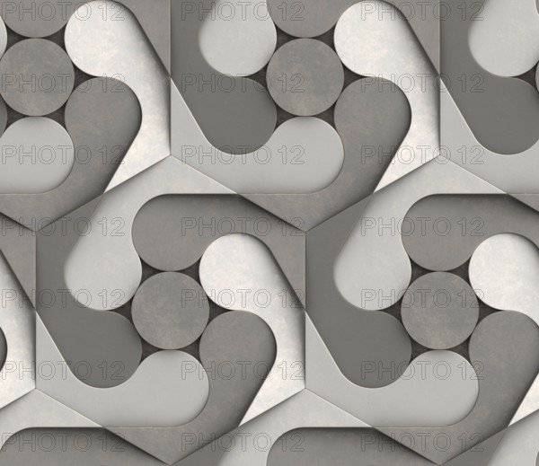 An intricate 3D geometric pattern featuring interlocking shapes in shades of gray, creating a modern and sophisticated design suitable for wallpaper or backgrounds