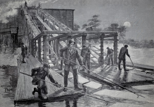 Extraction of ice for cooling, transportation of the ice sheets into storage using the paternoster work, around 1890, illustration, reproduction from a model from the 19th century. Authentic, file restored for optimal use, exact date of submission unknown, historical, workers working together on a structure across a river at night