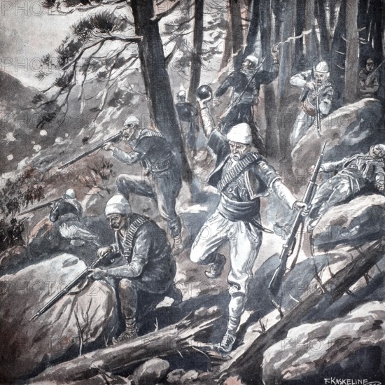 1st World War, Albanians pursuing the Serbian-Montenegin rearguard (original pictorial text from 1915, original colouring), illustration, reproduction from a 19th century original. Authentic, file restored for optimal use, exact date of original unknown, Historical, Soldiers in the forest moving with rifles and grenades, ready for battle in rough terrain