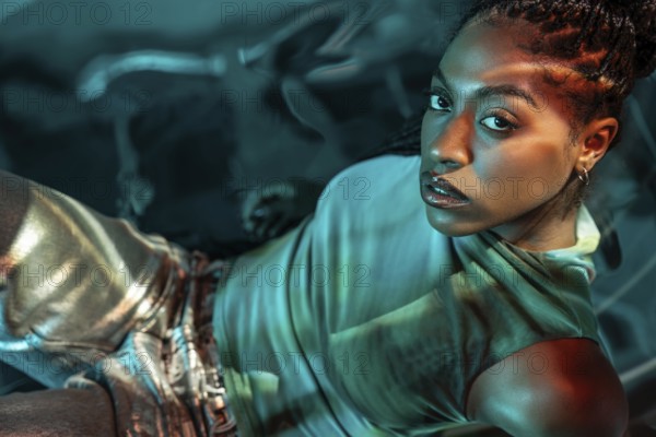 A futuristic portrayal of a young African woman immersed in the metaverse, highlighted by vibrant lighting and digital aesthetics, symbolizing the fusion of technology and identity