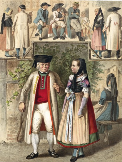 Traditional costumes in Germany around 1820, Brunswick, men and woman in traditional traditional costume in a village during social activities, digitally retouched reproduction of a model from around 1850, by Albert Kretschmer (27 February 1825, 11 July 1891), German painter and costumier