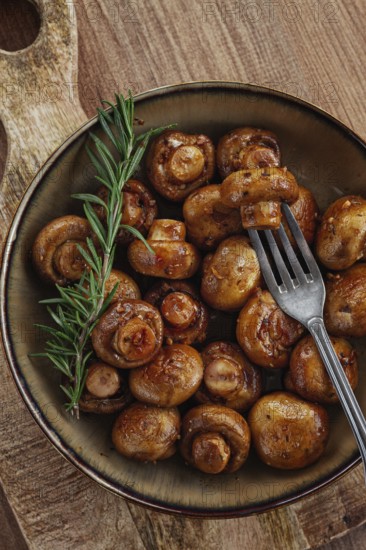 Fried mushrooms, with spices, in soy sauce, vegetarian food, homemade, no people