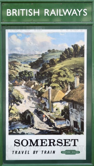 Vintage British Railways rail advertising poster, Swanage railway station, Dorset, England, UK, Somerset travel by train