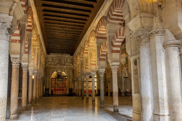 Elongated hall with columns and Moorish arches inside the Cathedral Mosque of Córdoba (Mezquita-Catedral), Cordoba, Andalusia, Spain