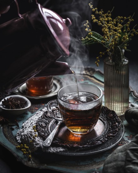 A warm cup of hot tea infused with anise is elegantly placed on an ornate tray. Steam wafts gently, creating a cozy ambiance, enhancing the aromatic allure of this soothing beverage
