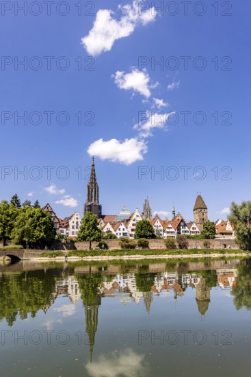 City view of Ulm with the Danube. Ulm Minster, Metzgerturm and old town. Ulm, Baden-Württemberg, Germany