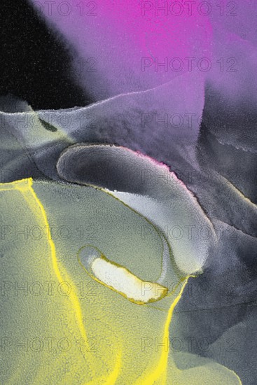 This abstract art features a vibrant mix of neon colors, pink, green, and yellow swirling dynamically across a black paper background. The colors glow intensely against the dark, creating an eye-catching visual effect