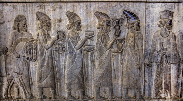 Relief detail of the delegation of peoples bringing gifts to Darius on the stairs of the Apadana Palace, Persepolis