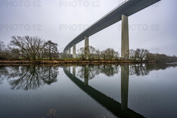 The Mintarder Ruhr Valley Bridge, A52 motorway bridge between Essen and Düsseldorf, longest steel road bridge in Germany, completed in 1966, 1830 meters long, 18 hollow pillars, highest point above ground is 65 meters, is used daily by more than 80, 000 vehicles, is considered dilapidated and is to be replaced, the bridge spans the Ruhr Valley, with the river Ruhr, between Essen-Kettwig and Mülheim an der Ruhr Hr, North Rhine-Westphalia, Germany