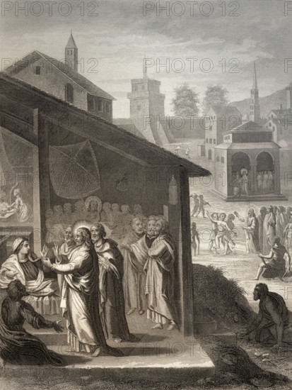 The healing of the mother of Peter's wife, miracle of Jesus, New Testament, Steel engraving 1853, digitally restored