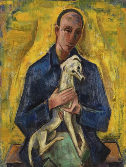 Karl Christian Ludwig Hofer, also Carl Hofer (born 11 October 1878, died 3 April 1955), German painter of Expressionism and Expressive Realism. Here his work Man with dog, Man with dog (1918), Painting, Reproduction of the painting, Original condition, Work of art, Historical, A man holding a dog in front of a bright yellow background