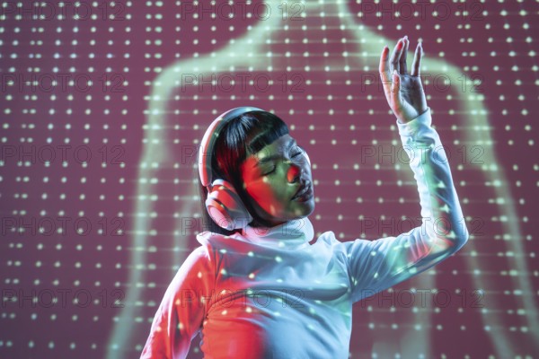 A futuristic Latin woman enjoys music through headphones. Immersed in the sound, her expression reflects a deep connection, set against a vibrant, tech-inspired background