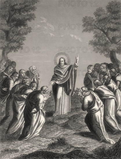 Christ appears on Mount Tabor, Resurrection of Jesus, New Testament, steel engraving 1853, digitally restored