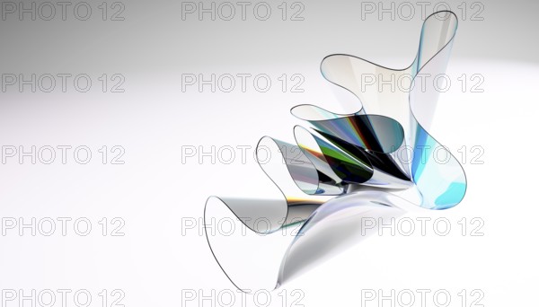 A captivating abstract sculpture of translucent curved glass with reflective surfaces on a soft gradient background. The design showcases mesmerizing fluidity and elegance