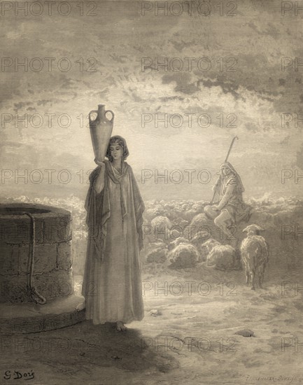 Jacob keeping Laban's flock and meets Rachel, woodcut by Gustave Doré