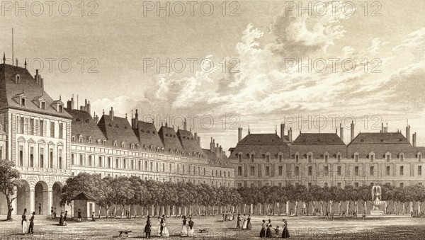 The Place des Vosges, Paris, antique steel engraved print, 1831