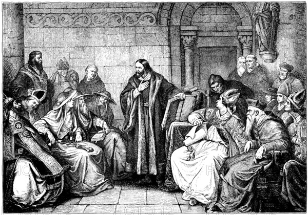 Historische Zeichnung, Jan Hus oder Johannes Huss, 1369 - 1415, ein christlicher Theologe, Prediger und Reformator vor seinen Richtern beim Konzil von Konstanz, 1415