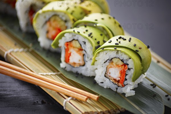 Delectable sushi rolls, elegantly wrapped in slices of avocado, served on a traditional bamboo mat. The rolls are sprinkled with black sesame seeds, adding texture and flavor