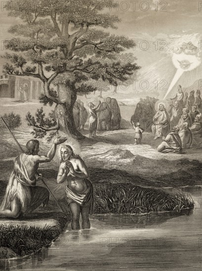 Baptism of Jesus by John the Baptist at the Jordan river, Steel engraving 1853, digitally restored