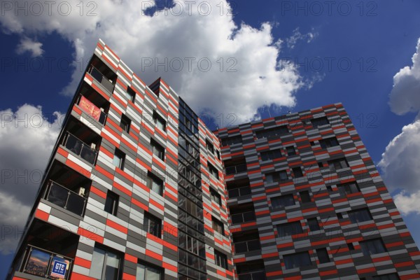 Romania, capital Bucharest, Bucuresti, colorful high-rise building