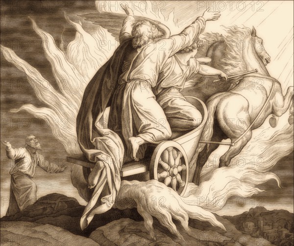 Prophet Elijah riding a flaming chariot across the sky, Old Testament, by Julius Schnorr von Carolsfeld