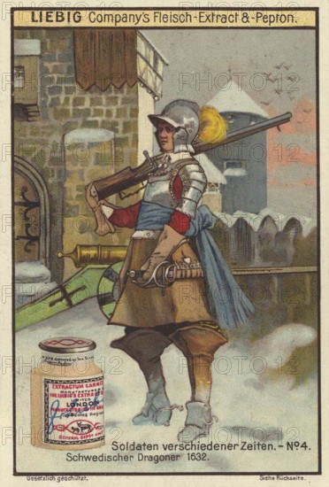 Picture series Soldiers of different times, dragoons around 1632 from Sweden, Liebig picture, digitally restored reproduction of a collector's picture from around 1900, public domain, exact date unknown, A Swedish soldier in the snow in front of a castle. Historical atmosphere