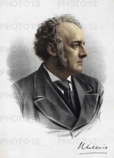 John Everett Millais (1829-1896), British Pre-Raphaelite painter, ca. 1880. Founding member of the Pre-Raphaelite Brotherhood in 1848. After 1870 he mainly painted portraits and landscapes. Elected President of the Royal Academy in 1896. From The Modern Portrait Gallery. (London, ca. 1880) . Toned lithograph