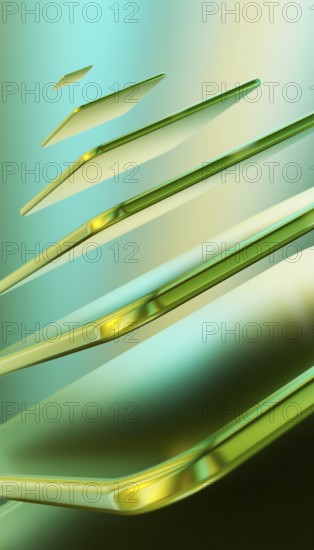 This 3D render features flowing abstract shapes in shades of green and gold, creating a dynamic and modern visual effect on a gradient background