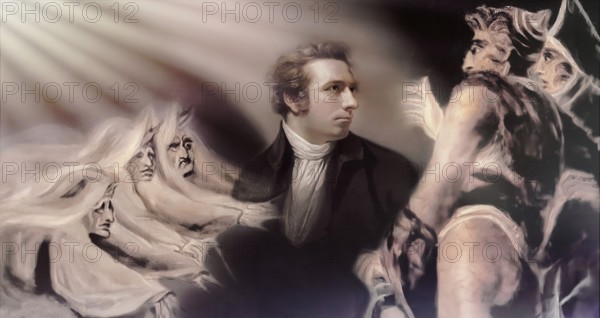 Henry Fuseli or Johann Heinrich Füssli, 1741 – 1825, Swiss painter, draughtsman and writer, digitally edited after Northcote, 1778, Prophecy from the witches, scene from The Tragedy of Macbeth by William Shakespeare
