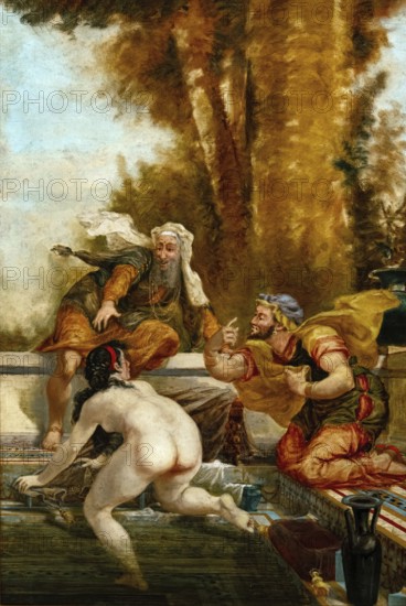 Susanna in the bath, also known as Susanna and the two elders, the biblical story of the rescue of Susanna by the prophet Daniel, painting by Jean-Baptiste Cariven (1843 to 1904, French painter), reproduction of a 19th century painting, digitally restored, historical