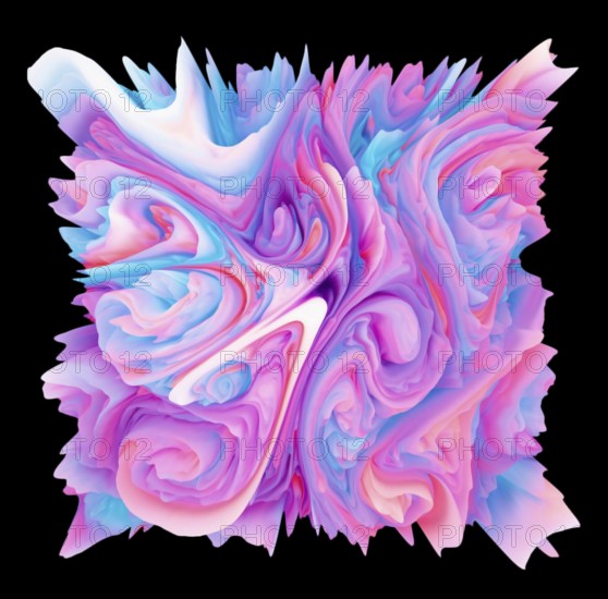 Dynamic pastel colors in swirling formations create a vibrant visual energy. The bursts of pink, blue, and purple emerge in an abstract, eye-catching design against a dark background