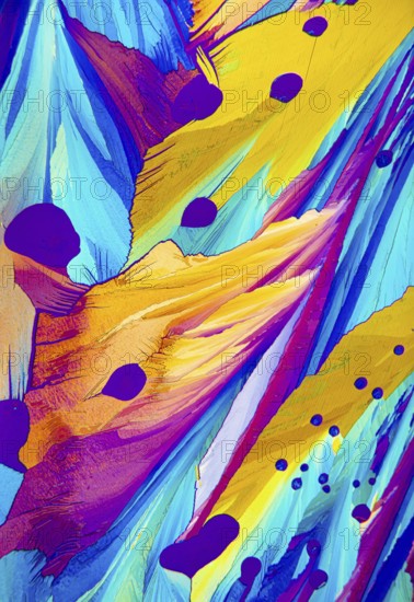 This image showcases a striking microscopic view of adipic acid crystals, featuring bold colors including blue, yellow, purple, and pink, interspersed with dark spots