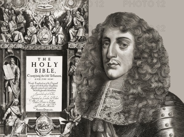 James VI and I, James Charles Stuart, 1566 – 1625, King of England, Scotland and Ireland, Frontispiece to the King James' Bible, 1611, digitally edited