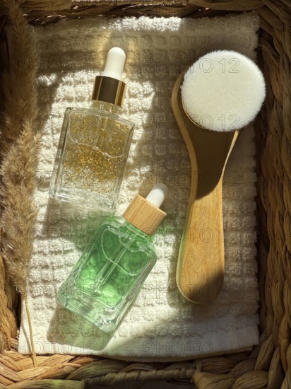 A top down view of two serum cosmetic bottles and a facial brush arranged on a textured surface in natural sunlight, creating a serene and natural skincare scene in the bathroom
