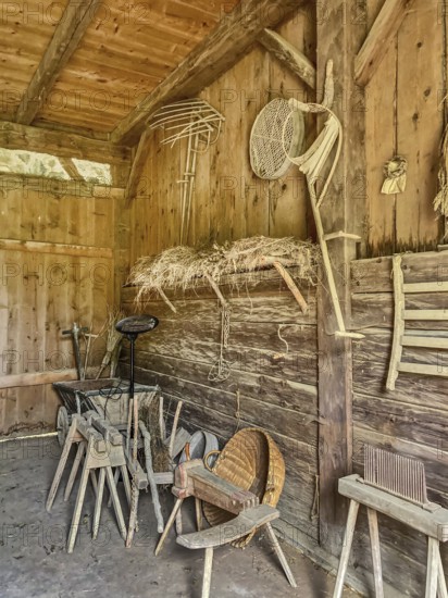 View into historic barn of in old smallholder weaver's house in old rebuilt restored smallholder's house weaver's house half-timbered house in open-air museum Neuhausen, Neuhausen ob Eck, district Tuttlingen, Baden-Württemberg, Germany