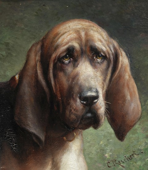 Carl Reichert, Karl Reichert, pseudonym J. Hartung (born 27 August 1836 in Vienna, died 5 April 1918 in Graz) . Austrian painter, especially landscape painter and animal painter. Here his work:, Ein guter Freund, Bluthund, A Good Friend, a Bloodhound, Painting, Reproduction of the painting, Work of art, Historical