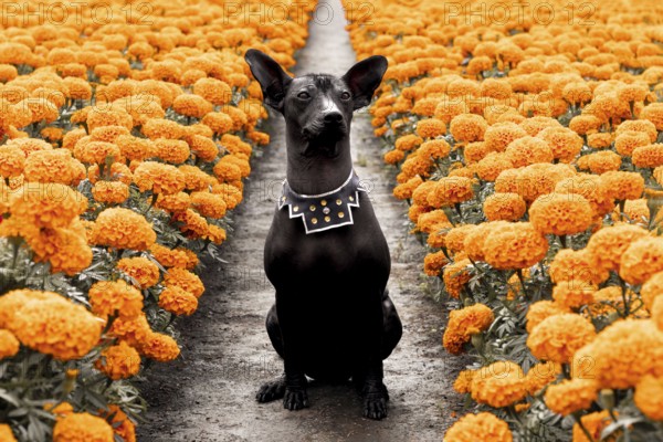 A majestic Xoloitzcuintle dog sits among vibrant Cempasuchil flowers, capturing the essence of Day of the Dead celebrations with a serene and dignified presence