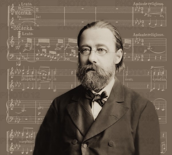 Bedrich Smetana, 1824 – 1884, Czech composer, digital edited according to a photograph, notation from his opera Branibori v Cechách, the Brandenburgers in Bohemia