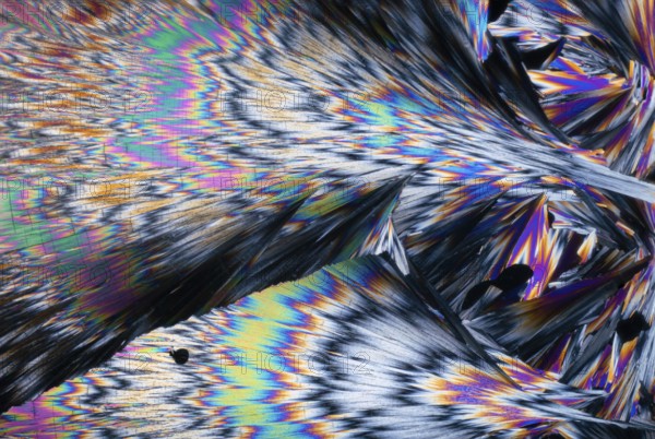 Striking, spectrum-like colors of hippuric acid crystals under a microscope. These colors range from vibrant blues, greens, pinks, to fiery oranges and yellows, captured in a dynamic, feather-like formation