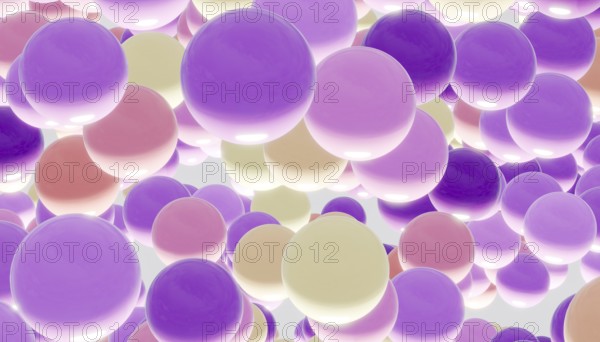 A mesmerizing view of abstract pastel spheres in lavender, cream, and pink hues. Floating gracefully, these glossy spheres create a dreamy, soft pattern against a light background