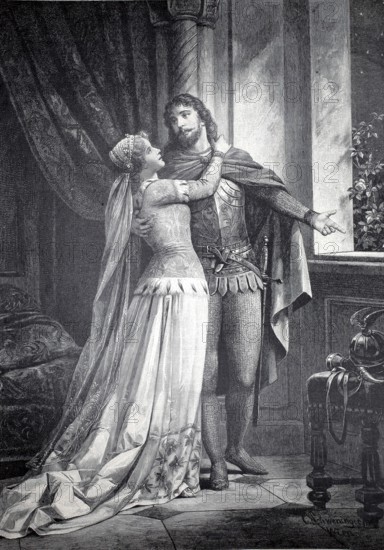 Lohengrin and Elsa on wedding evening, opera scene from the opera by Richard Wagner, 1891, authentic, digitally restored reproduction from a 19th century model, exact date of depiction unknown, historical, A knight and a lady in medieval robes hug each other in a castle