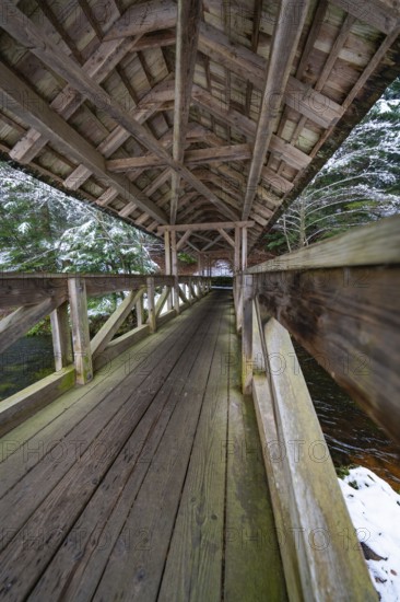 Interior view of a wooden bridge over a snow-covered forest path, Kälberbrücke, Enzklösterle, Calw district, Black Forest, Germany