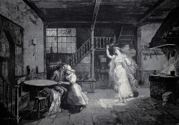 Scene from the opera Das Heimchen am Herd, by Goldmark, das Cricket appears to the reconciled couple, 1896, illustration, reproduction from a model from the 19th century. Authentic, file restored for optimal use, exact date of original unknown, Historic, a couple sitting in a cozy interior as a witch-like figure dramatically descends the stairs